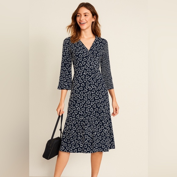 Boden Hettie Faux Wrap Jersey Dress – Heart Print, Flared Sleeve, Tiered Skirt - Picture 1 of 16